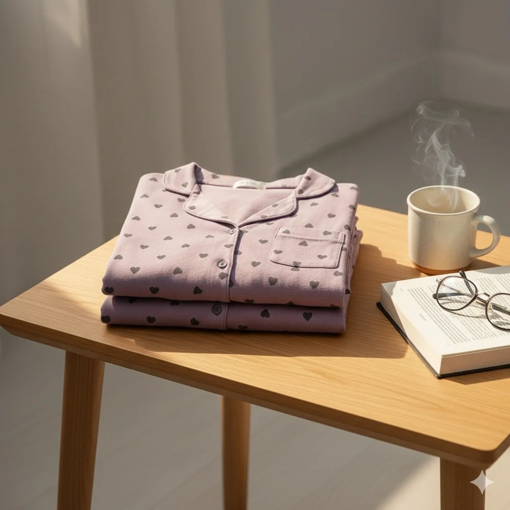 Luxury 95 % Cotton Heart Print Pajama Set - High-End Button Down Sleepwear New